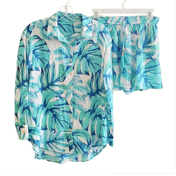 Blue Island Oversized Tropical Shorts Set Vacation Beach Coastal Cruise Summer - Picture 1 of 10